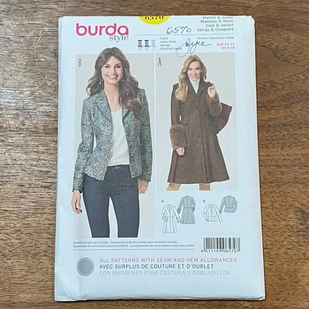 Burda #6570 sewing pattern button front blazer jacket & coat US size 8 - 18